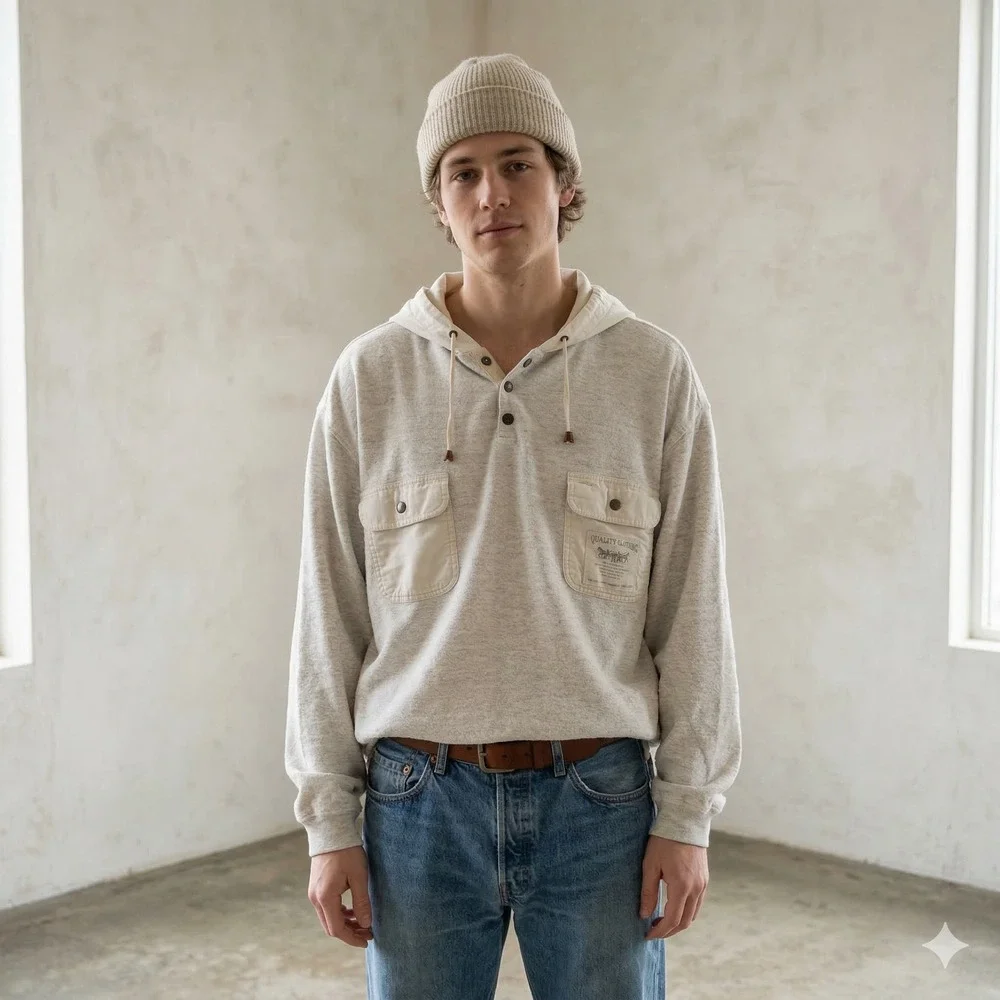 Levis‎ Mens Vintage Hooded Henley Pullover Oatmeal Cream XL Heavyweight Hoodie